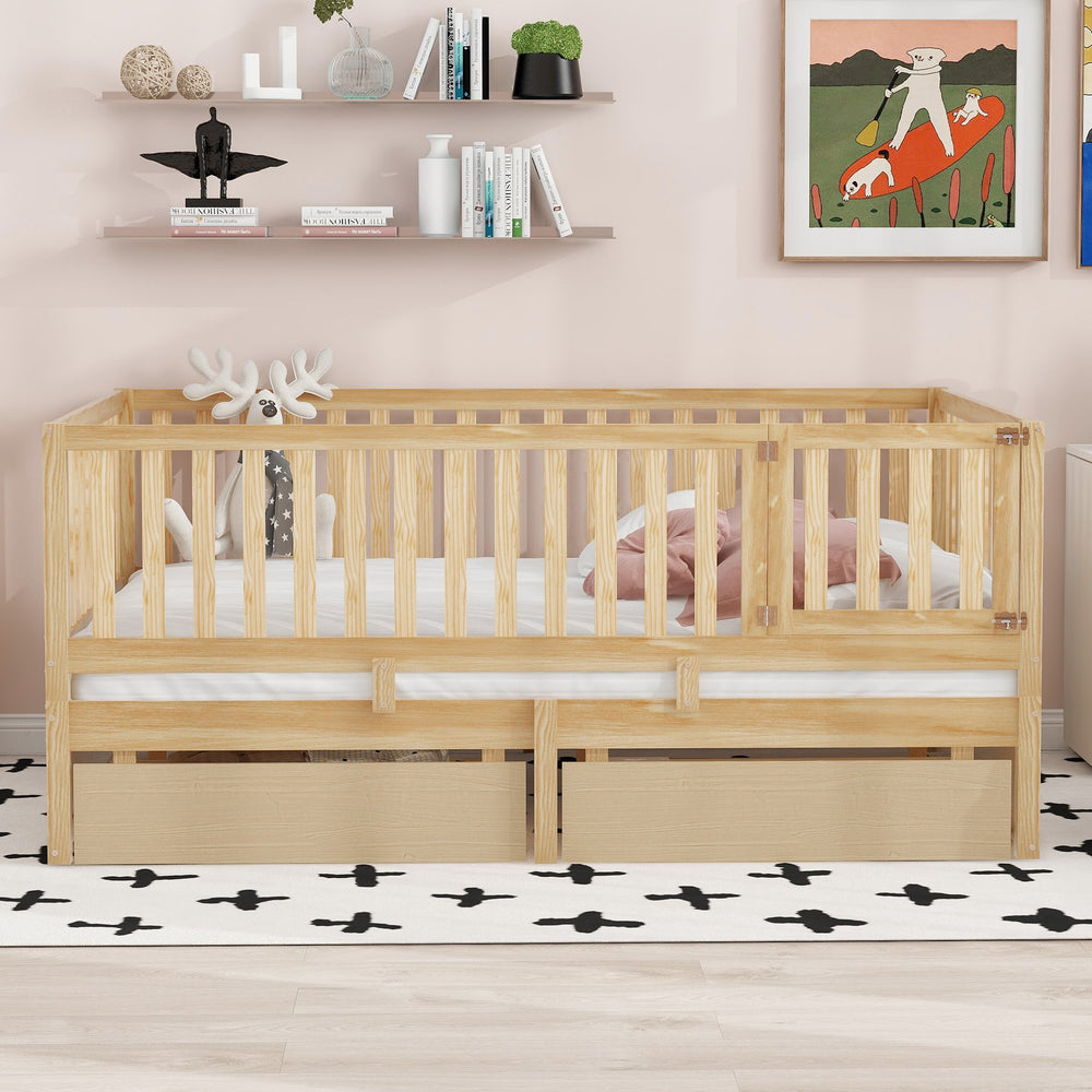 English Elm Full Size Pinewood Kids Daybed with Fence Rails Split Floor Bed and Storage Drawers Natural LP100882AAN