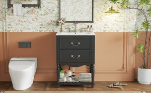 English Elm 24'' Vintage Bathroom Vanity with Ceramic Sink Soft Close Drawers Open Shelf Black N710P411237B