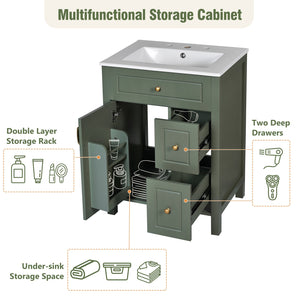English Elm 24-Inch Bathroom Vanity with Ceramic Sink, Soft-Close Door & Drawers, Gold Handles, Durable Wood Elegance Green N729P192078F