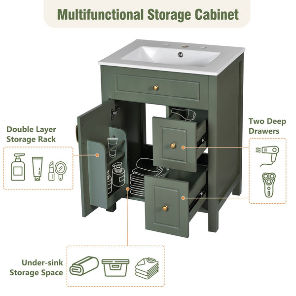 English Elm 24-Inch Bathroom Vanity with Ceramic Sink, Soft-Close Door & Drawers, Gold Handles, Durable Wood Elegance Green N729P192078F