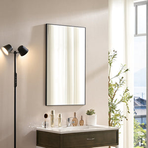 English Elm 36x22inch Glossy Black Bathroom Mirror Minimalist Metal Frame 360° Hang HD Float Glass Vanity Reflective Edge W2091P344794