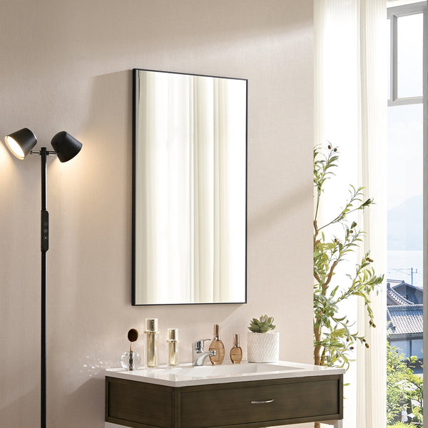 English Elm 36x22inch Glossy Black Bathroom Mirror Minimalist Metal Frame 360° Hang HD Float Glass Vanity Reflective Edge W2091P344794