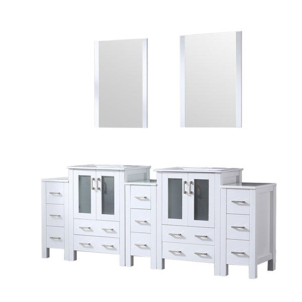 English Elm White Double Bath Vanity 84 in. W x 18.25 in. D with Side Cabinets, Soft-Close Drawers, Ceramic Top, Mirrors Included B2731S00601