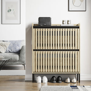 English Elm Fluted,2 Teak & Black Flip Shoe Cabinet with Fenced-Element Doors, Compact Multi-Layer Entryway Storage Solution W2673P209455