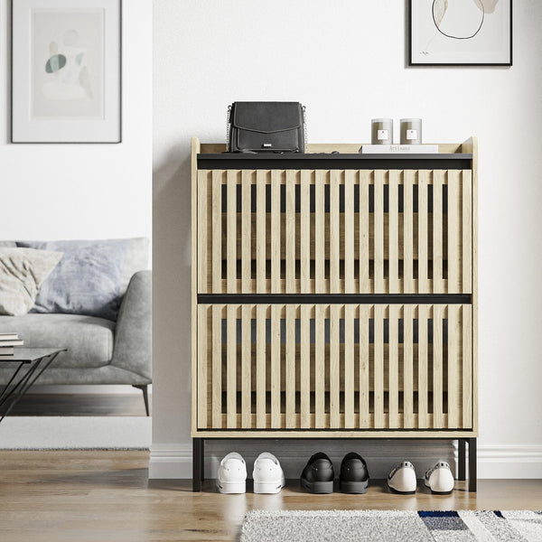 English Elm Fluted,2 Teak & Black Flip Shoe Cabinet with Fenced-Element Doors, Compact Multi-Layer Entryway Storage Solution W2673P209455