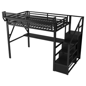 English Elm Queen Metal Loft Bed with Desk Charging Station Rgb Lighting and Storage Stairs W2580S00091