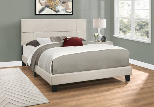 English Elm Bed, Queen Size Upholstered Beige Linen Look Platform Bed with Tufted Headboard & Black Wood Legs B2710P219505