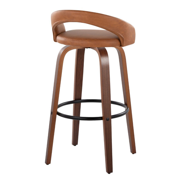 English Elm Fixed-height Swivel Barstools Walnut Bentwood Camel Faux Leather Kitchen Set of 2 B202S01857