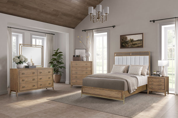 English Elm Queen Upholstered Headboard Bed Walnut Veneer Frame Transitional Bedroom Furniture B2699S00021
