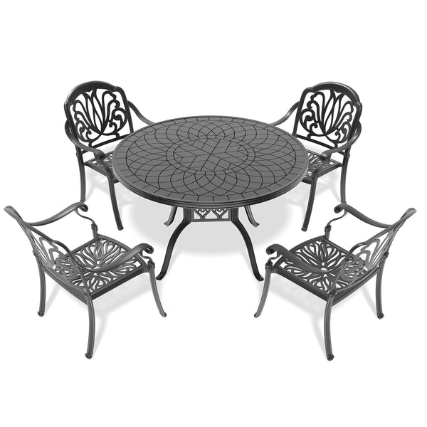 English Elm 5-Piece Cast Aluminum Patio Furniture Set With Brown Cushions For Elegant Outdoor Dining Comfort W1710S00073