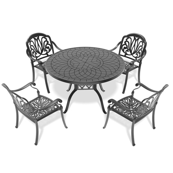 English Elm 5-piece Cast Aluminum Outdoor Dining Set with Carved Floral Patio Chairs and Table W1710S00556