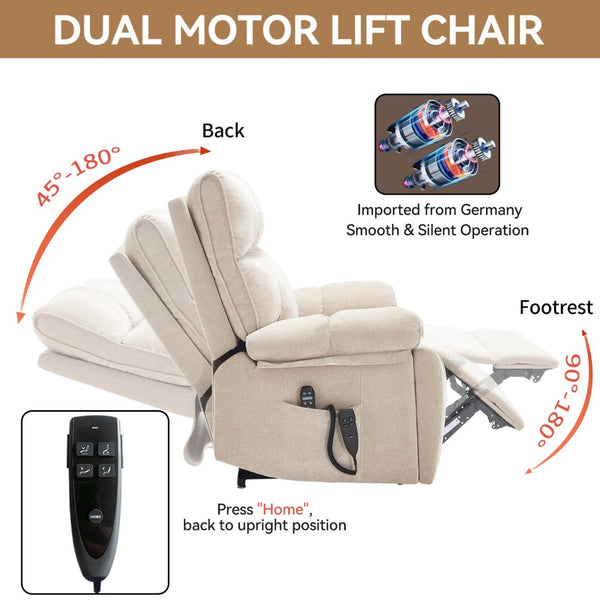 English Elm Beige Chenille Power Lift Recliner Dual Motor Massage Heat 350 Lb Capacity Beige W1803P264021