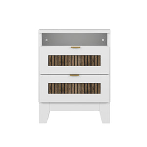 English Elm 4-Pieces Queen Platform Bed Set with Storage Nightstands & Dresser, Wooden Strip Accent, Modern Farmhouse Elegance White 52.17 L x 18.5 W x 11.81 H HL000191AAK