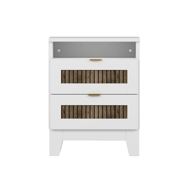 English Elm 4-Pieces Queen Platform Bed Set with Storage Nightstands & Dresser, Wooden Strip Accent, Modern Farmhouse Elegance White 52.17 L x 18.5 W x 11.81 H HL000191AAK