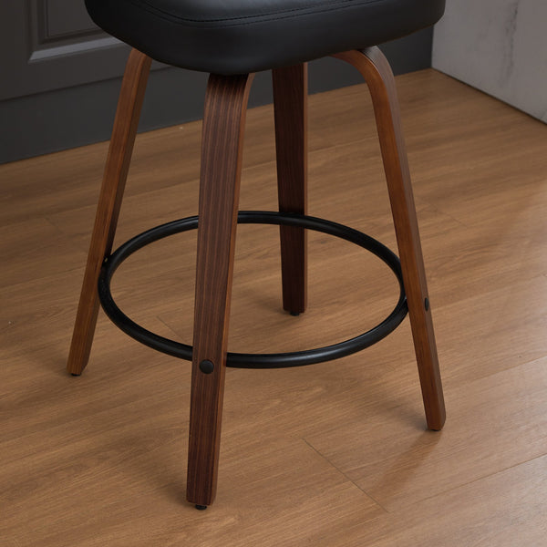 English Elm Swivel Mid Century Counter Stools Set of 2 with 360° Swivel, Walnut Bentwood Back and PU Seat Black W1143P300155