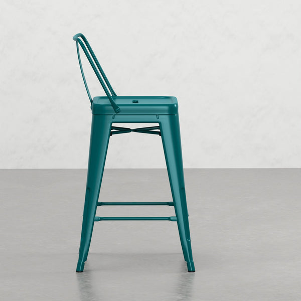 English Elm Keeley 24-Inch Metal Counter Stool Set of 4 with Curved Back, Footrest & Durable Powder-Coat Finish Teal Blue B2732P253604