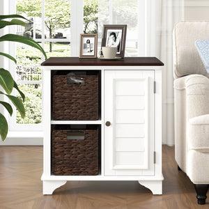 English Elm U Can Louvered End Table with Woven Grass Baskets Ottoman Legs Farmhouse Storage White N724P401353K