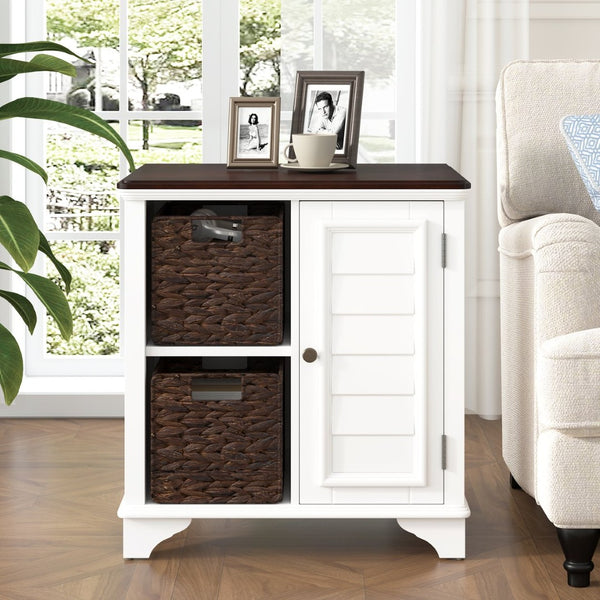 English Elm U Can Louvered End Table with Woven Grass Baskets Ottoman Legs Farmhouse Storage White N724P401353K