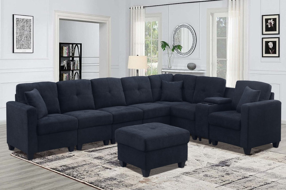 English Elm Sectional Velvet Sofa In Dark Blue - Luxurious, Durable Comfort With Cup Holders For Modern Living Spaces B205S00079-GIGA