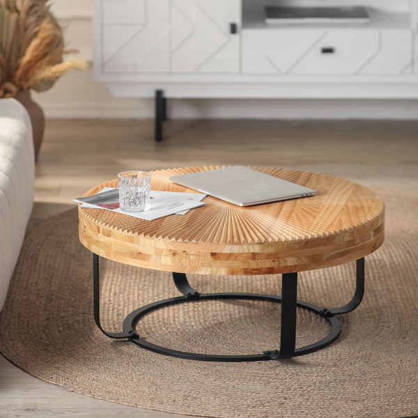 English Elm Modern Round Pine Coffee Table with Carved Wood Top and Sleek Metal Legs for Stylish Living Spaces Natural+Black W757P186923
