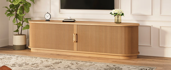 English Elm Vintage Farmhouse Media Console with Slatted Sliding Doors and Brass Hardware for Living Room Natural N721P427206D