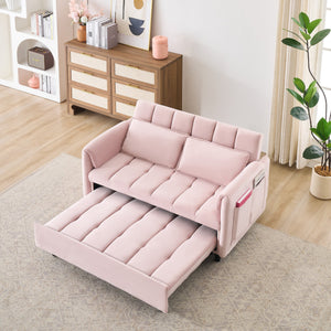 English Elm 52 Pink Modern Velvet Sofa Bed 3-in-1 Convertible Loveseat with Pillows, Pockets, Metal Legs, Compact Design W1658P266338