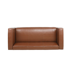 English Elm Light Brown Leather Three Seat Sofa with Dark Wood Legs for Modern Living Rooms N770P387768E
