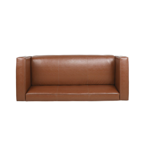 English Elm Light Brown Leather Three Seat Sofa with Dark Wood Legs for Modern Living Rooms N770P387768E