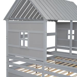 English Elm Twin House Platform Bed with Pitched Roof and Two Under-Drawers for Shared Kids’ Rooms, Durable Pine Gray GX000452AAE