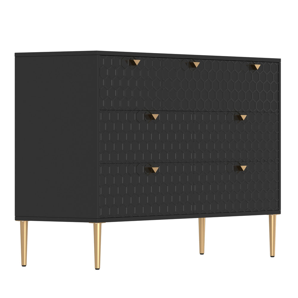 English Elm Modern 7-Drawer Storage Cabinet in Black with Gold Legs & Honeycomb Fronts – Stylish Versatile Organizer for Bedroom, Office, Entryway T3609P347457