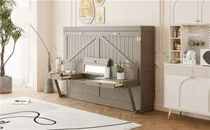 English Elm Queen Murphy Bed Cabinet with Vanity Desk Hydraulic Lift Mirror Distressed Finish Gray LP000766AAE-1