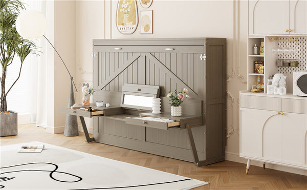 English Elm Queen Murphy Bed Cabinet with Vanity Desk Hydraulic Lift Mirror Distressed Finish Gray LP000766AAE-1