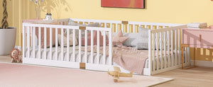 English Elm Twin House Frame Floor Bed Rubberwood with Roof Canopy and Safety Rails for Kids White W504P429530