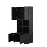 English Elm Tall and Wide Bathroom Floor Storage Cabinet, Bathroom Storage Unit, Freestanding Cabinet With 4 Doors, Adjustable Shelves, Open Multi-Layer Shelves, Black