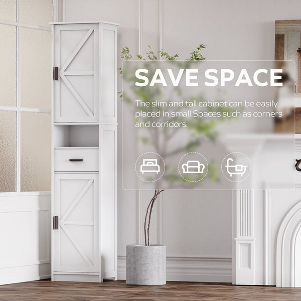 English Elm 69" Slim Tall Storage Cabinet with Barn Doors and Drawer for Small Spaces, Adjustable Shelves, Sturdy White W2386P207737