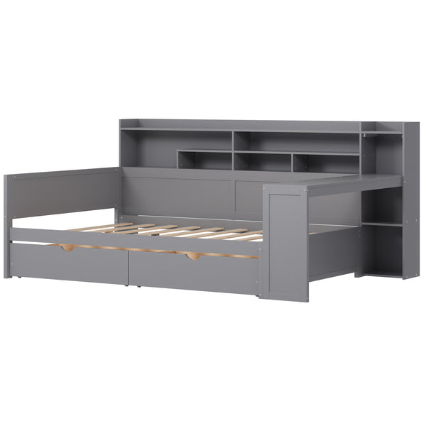 English Elm Wooden Full Size Daybed with Built-In Desk, Side Shelves and Dual Drawers for Organized Living Gray 70 L x 18.6 W x 5.5 H N733S241486E