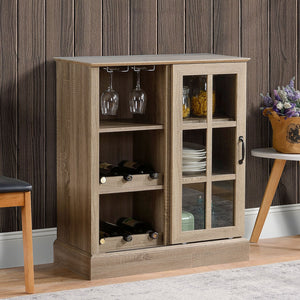 English Elm HOMCOM Rustic Wine Bar Cabinet with 6-Bottle Rack, Stemware Slots, Sliding Glass Door & Shelves W2225P217404