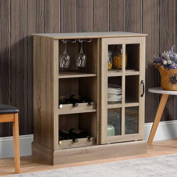 English Elm HOMCOM Rustic Wine Bar Cabinet with 6-Bottle Rack, Stemware Slots, Sliding Glass Door & Shelves W2225P217404