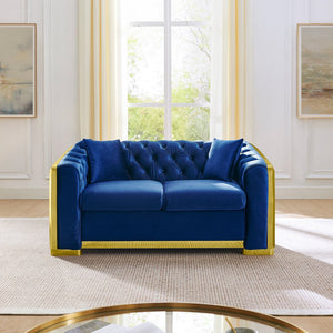 English Elm Luxury Velvet Tufted Chesterfield Loveseat with Gold Steel Trim for Living Room Navy Blue W1191S00117