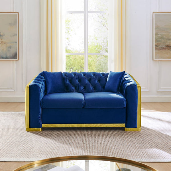 English Elm Luxury Velvet Tufted Chesterfield Loveseat with Gold Steel Trim for Living Room Navy Blue W1191S00117