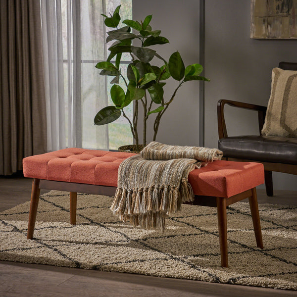 English Elm Christopher Knight Home® - Mid-Century Upholstered Storage Bench with Button-Tufted Top, Walnut Legs, Handcrafted Accent Seat Coral 61147.00CRL
