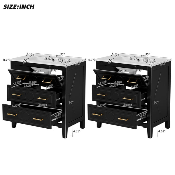 English Elm 60'' Elegant Black Bathroom Vanity Set With Ceramic Sink, 6 Drawers, Solid Wood Frame & Storage N710SS00003B