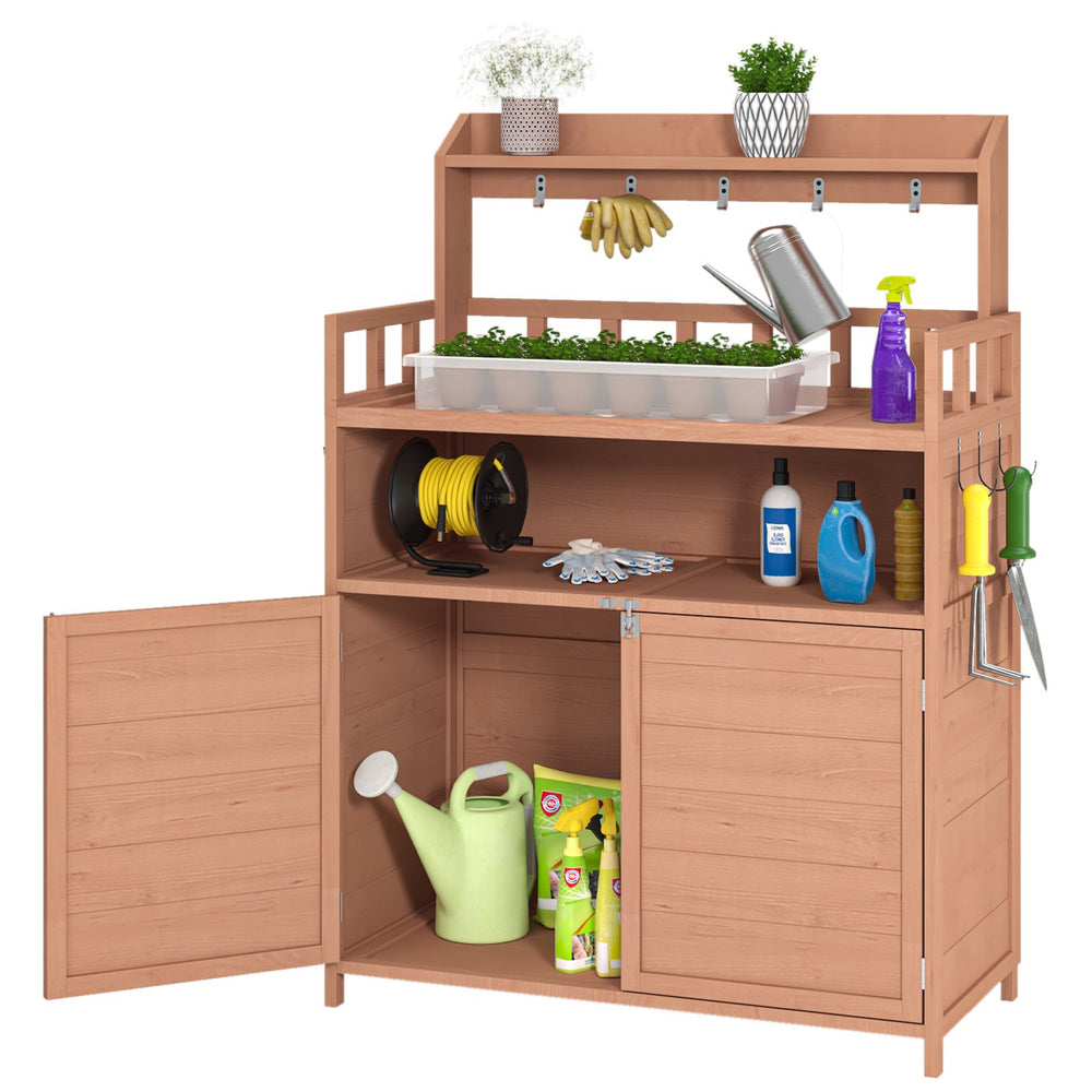 English Elm Potting Bench Fir Wood Outdoor Workstation with Cabinet Shelf and Tool Hooks W1850P201057