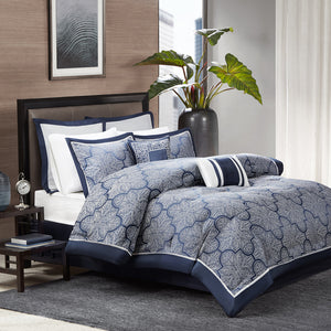 Madison Park Medina Traditional 8 Piece Jacquard Comforter Set MP10-1660 Navy