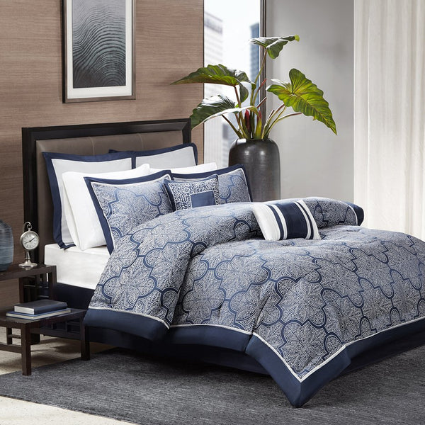 JLA Home Madison Park - 8 Jacquard Comforter Set with Navy & Silver Key Motif, 8-Piece Textured Bedding for Elegant Bedrooms 104 L x 92 W x 1.5H MP10-1659