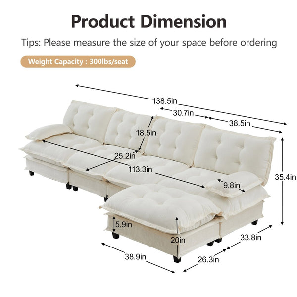 English Elm 138" Chenille Modular Cloud Sectional with Ottoman Deep Seat Lounge Sofa for Apartments W714S01683