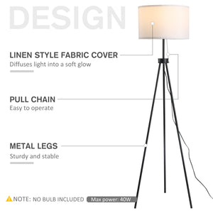 English Elm HOMCOM Tripod Floor Lamp 59.75" with Pull Chain, Black Fabric Shade, E26 Socket, Stable Steel Design W2225P217293
