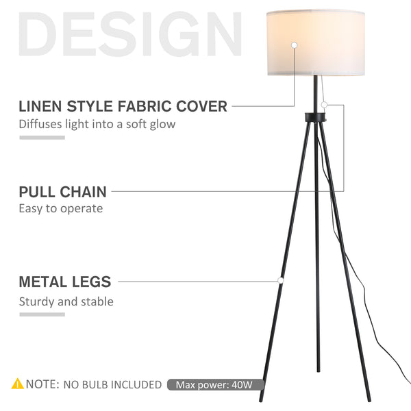 English Elm HOMCOM Tripod Floor Lamp 59.75" with Pull Chain, Black Fabric Shade, E26 Socket, Stable Steel Design W2225P217293