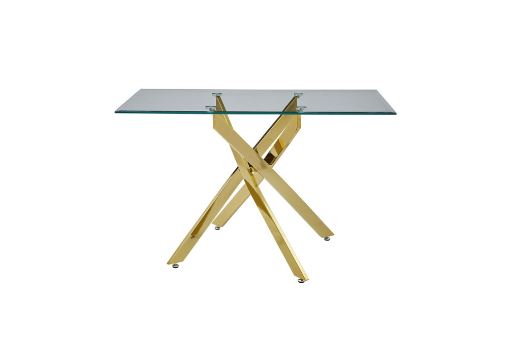 English Elm Modern Tempered Glass Dining Table with Metallic Iron Frame for Compact Spaces Golden W3590S00007