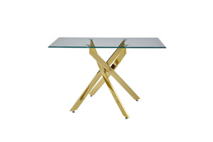 English Elm Modern Tempered Glass Dining Table with Metallic Iron Frame for Compact Spaces Golden W3590S00007